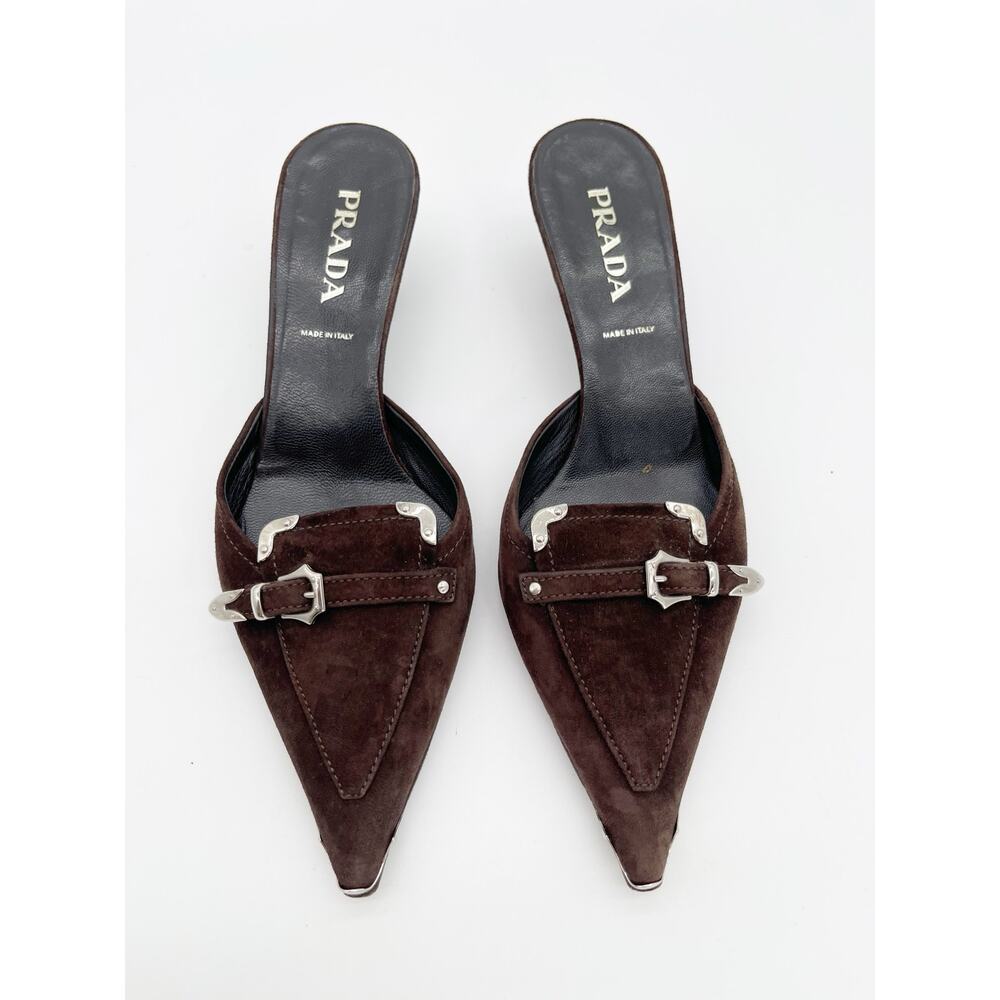 Prada Retro Vintage Y2K Brown Suede Western Buckle Kitten Heel Mules IT 35 - Picture 6 of 10